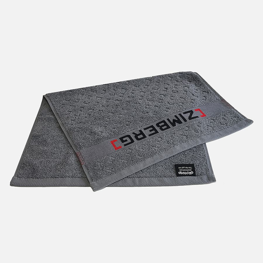 نمونه کار حوله تبلیغاتی شرکت زیمبرگ ZIMBERG - تکنیک بافت روی متن و بوردر حوله