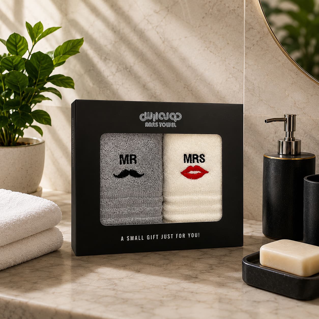 حوله دستی ارس مدل Mr and Mrs سایز ۴۰x۶۰ بسته ۲ عددی | طوسی روشن |