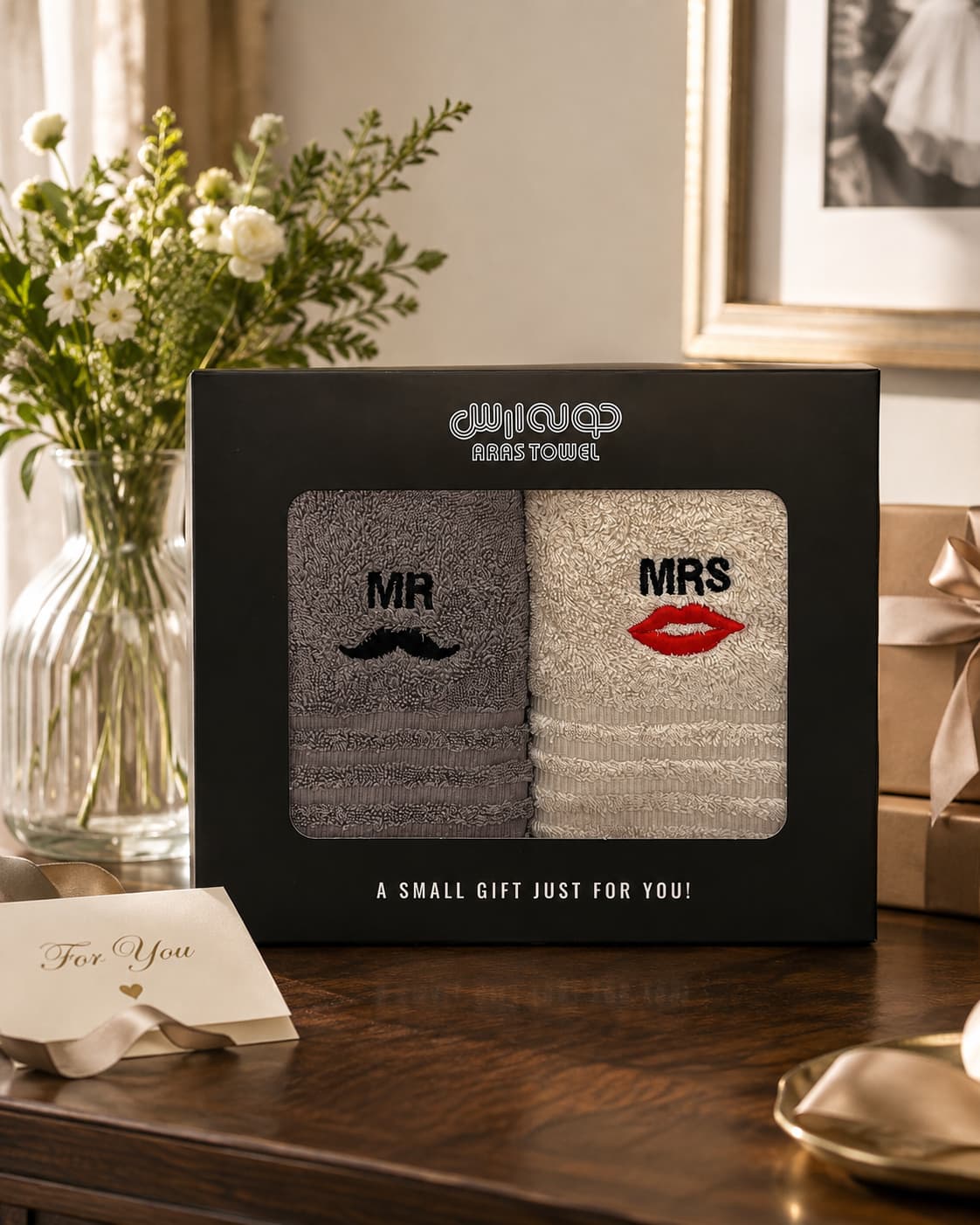 حوله دستی ارس مدل Mr and Mrs سایز ۴۰x۶۰ بسته ۲ عددی | طوسی تیره |