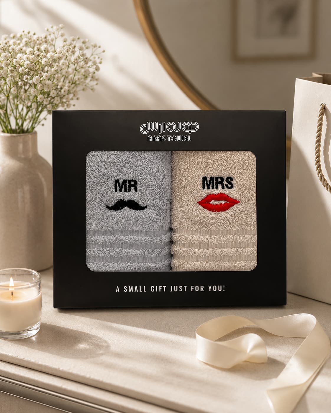 حوله دستی ارس مدل Mr and Mrs سایز ۴۰x۶۰ بسته ۲ عددی | بژ |